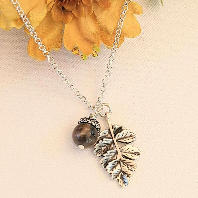 Acorn Oak Leaf Necklace, Silver - - LadybugfeetDesigns -
