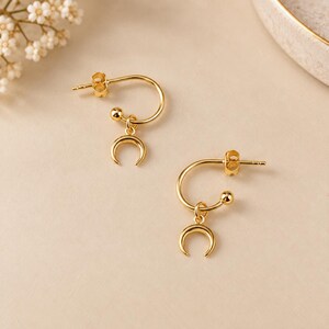 Downward Crescent Moon Mini Hoop Huggie Earrings, Gold- 12mm - - LadybugfeetDesigns -