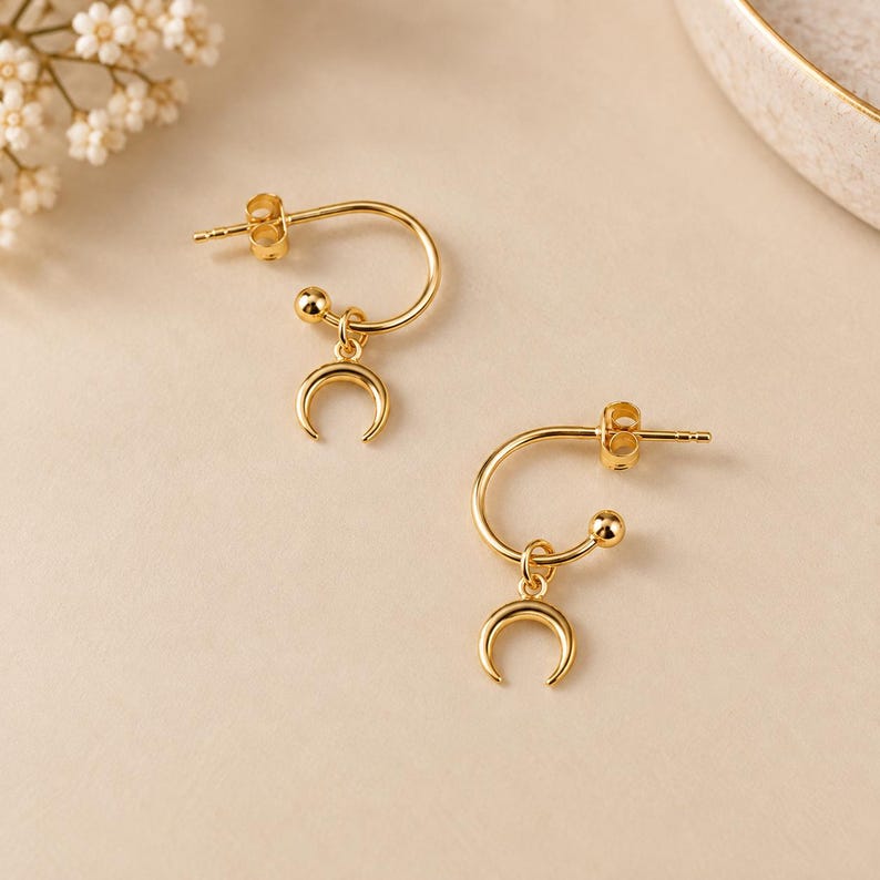 Downward Crescent Moon Mini Hoop Huggie Earrings, Gold- 12mm - - LadybugfeetDesigns -