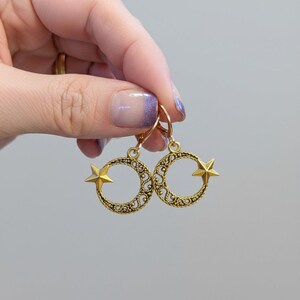 Fancy Crescent Moon Star Leverback Hoop Earrings, Gold - - LadybugfeetDesigns -