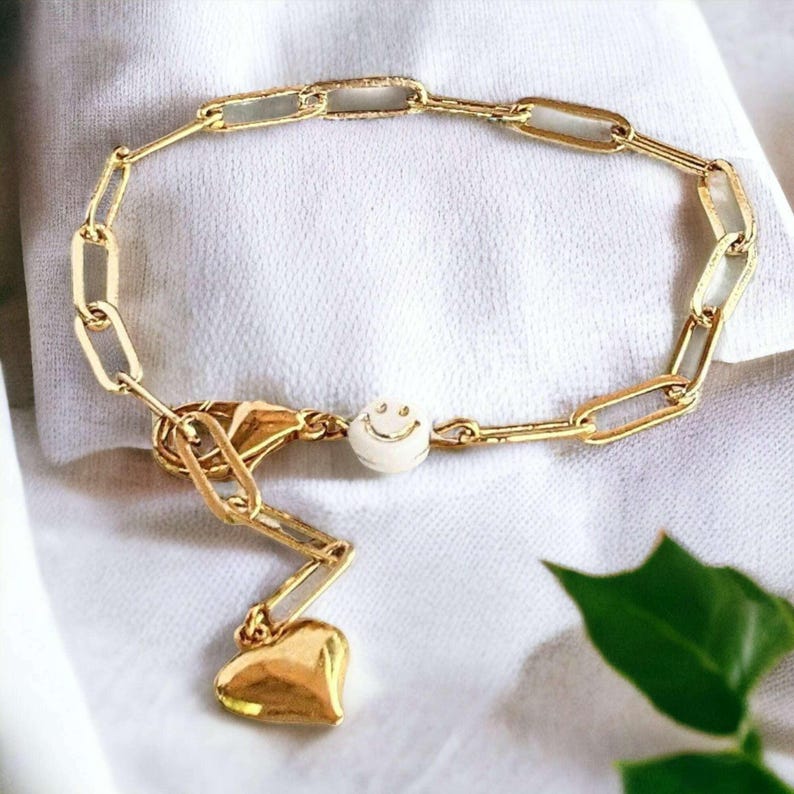 Gold Smiley Stainless Steel Paperclip Chain Bracelet - - LadybugfeetDesigns -