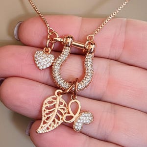 Leaf Butterfly Shackle Clasp Carabiner Charm Necklace, Rose-Gold - Adjustable up to 24 inches - - LadybugfeetDesigns -