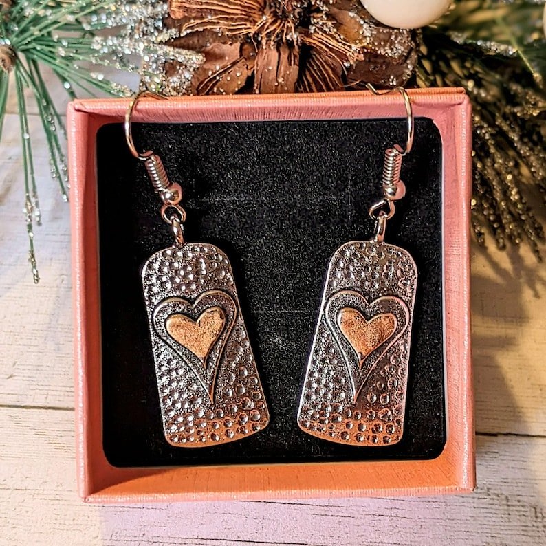 Two-Tone Heart Tag Dangle Earrings