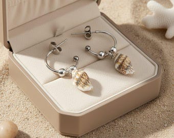 Genuine Conch Shell Hoop Earrings, Silver - 16mm