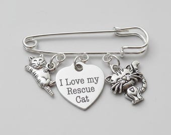 I Love My Rescue Cat Safety Pin Brooch, Purse Charm