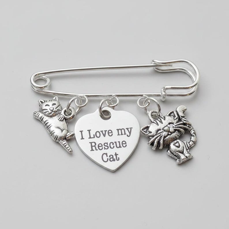 I Love My Rescue Cat Safety Pin Brooch, Purse Charm - - LadybugfeetDesigns -