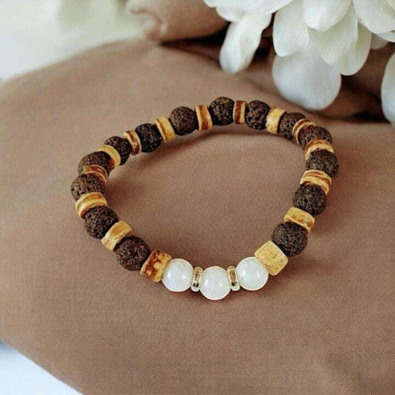 Moonstone Gemstone Lava Bead Stretch bracelet-JUNE Birthstone - - LadybugfeetDesigns -