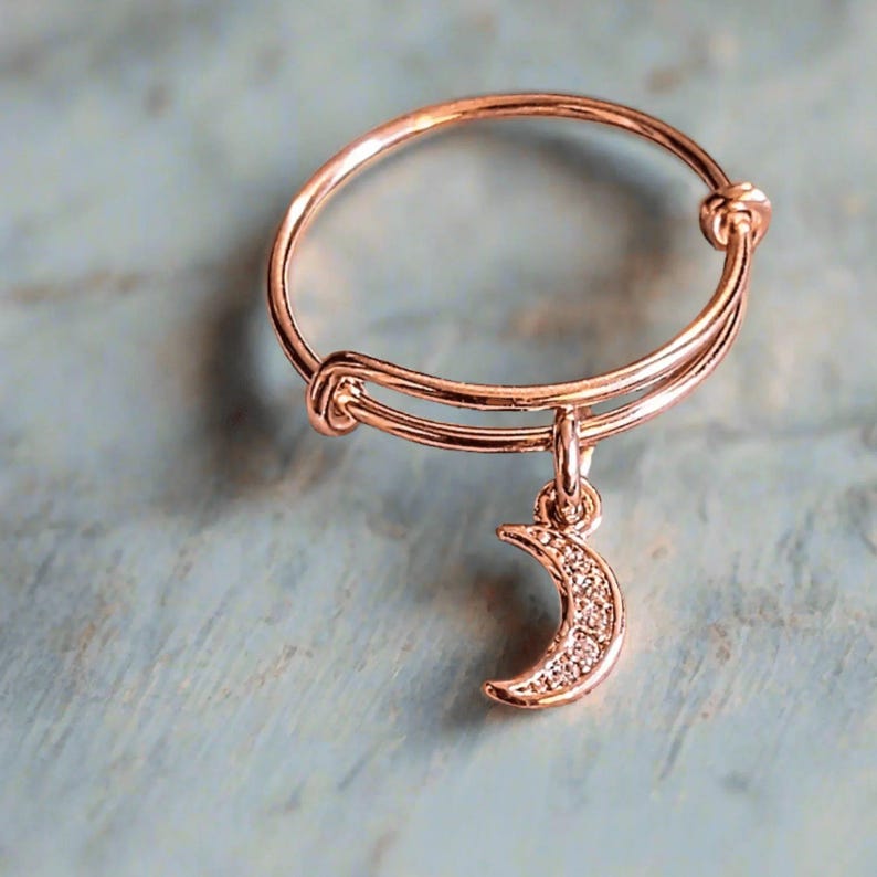 CZ Rose Gold Crescent Moon Ring 5-7 - - LadybugfeetDesigns -