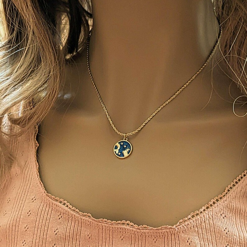Blue Enamel Zodiac Pendant Necklace, Gold - 20 inches - - LadybugfeetDesigns -
