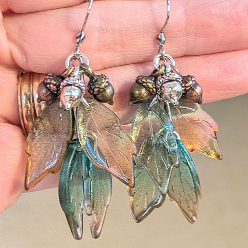 Acorn Leaf Cluster Hook Earrings, Silver - - LadybugfeetDesigns -