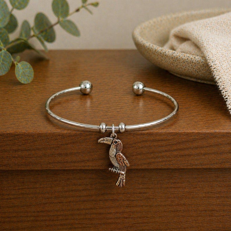 Toucan Euro Bangle Cuff, Silver - - LadybugfeetDesigns -