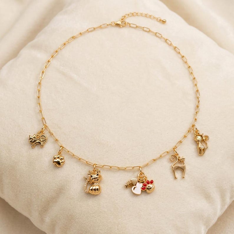 Feline Persuasion Multi Charm Link Necklace, Gold- 20 inch - - LadybugfeetDesigns -