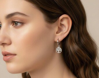 Tree of Life Hoop earrings, Silver - 10mm