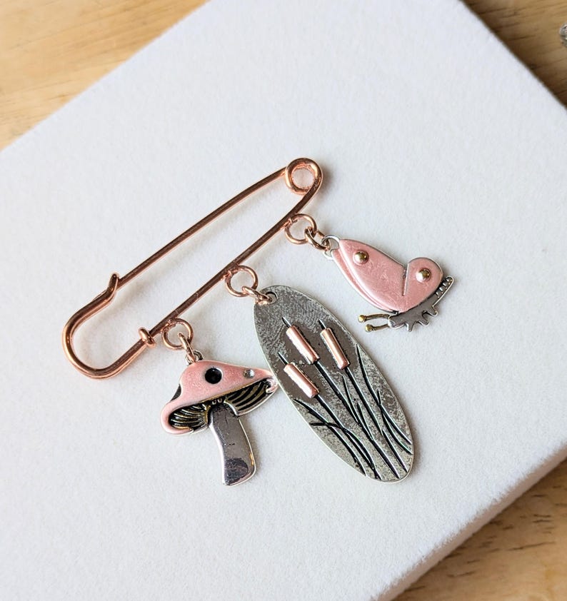 Whimsical Nature Safety Pin Brooch, Purse Charm, Rose Gold - - LadybugfeetDesigns -