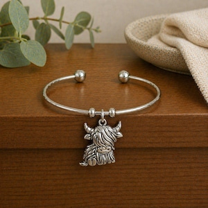 Scottish Highland Cow Euro Bangle Cuff, Silver - - LadybugfeetDesigns -