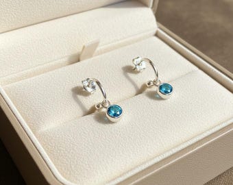 Birthstone Mini Hoop Huggie Earrings - Silver, Hoop Drop - 10mm