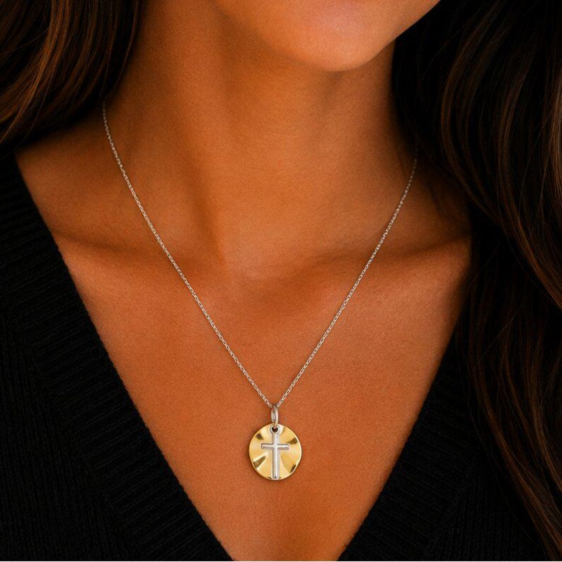 Silver Cross on Gold Two-Tone Necklace, 20 inches - Silver - - LadybugfeetDesigns -
