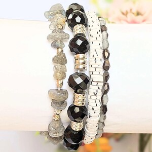 Salt and Pepper Stretch Bracelet Stack - - LadybugfeetDesigns -