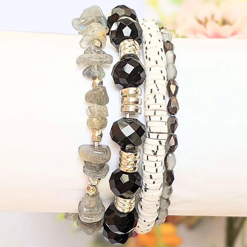 Salt and Pepper Stretch Bracelet Stack - - LadybugfeetDesigns -