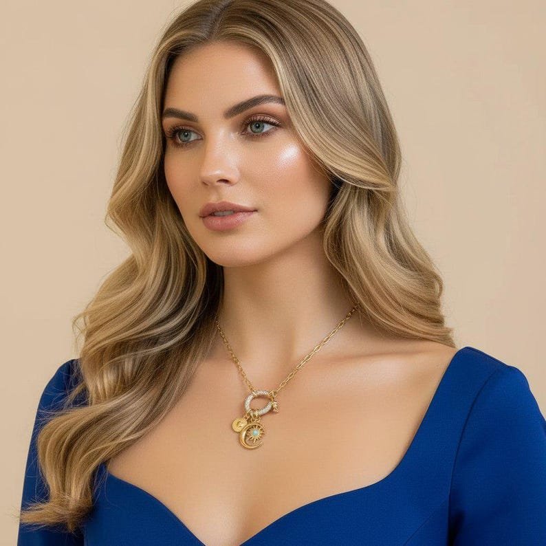 Opal Sun, Crescent Moon and Heart Shackle Clasp Carabiner Necklace, Gold - Adjusts up to 20 inches - - LadybugfeetDesigns -