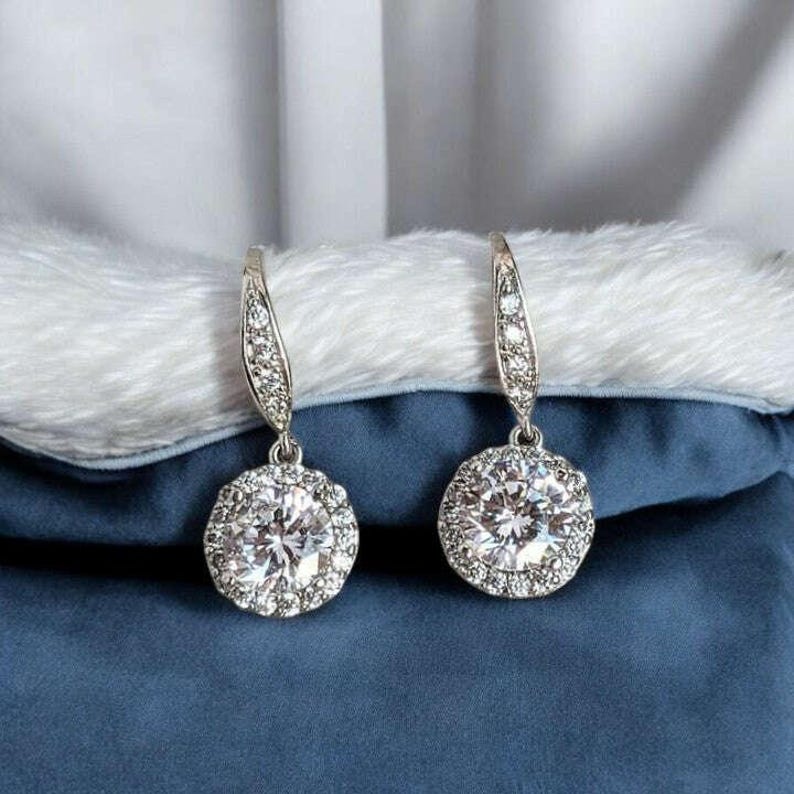 CZ Diamond Halo Earrings-APRIL Birthstone-Wedding Jewelry - - LadybugfeetDesigns -