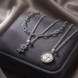 CZ Flower/Dragonfly Cross Layered Necklace Set, Silver - - LadybugfeetDesigns -
