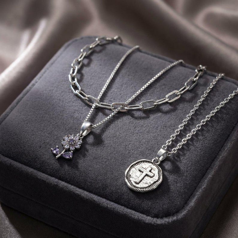CZ Flower/Dragonfly Cross Layered Necklace Set, Silver - - LadybugfeetDesigns -