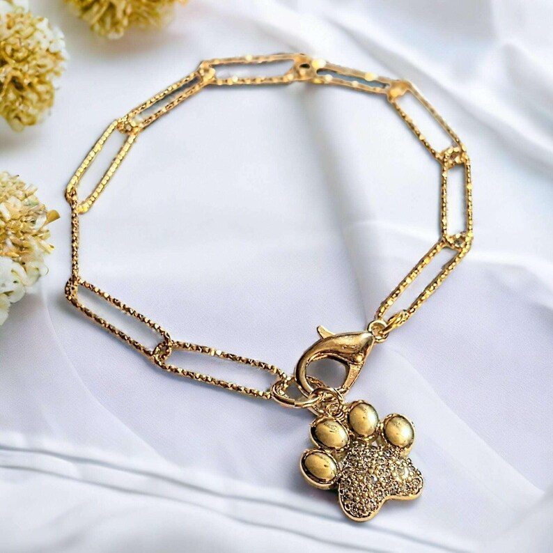 Gold Dog/Cat Paw Paperclip Chain Bracelet - - LadybugfeetDesigns -