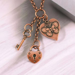 Heart Lock & Key Copper Charm Keeper Necklace, 18-24 inch - - LadybugfeetDesigns -