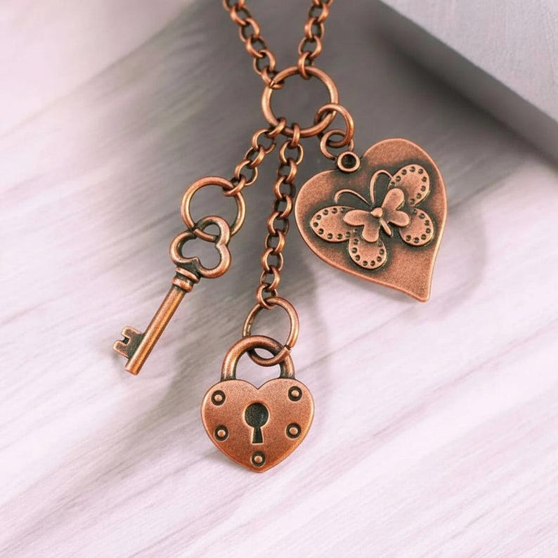 Heart Lock & Key Copper Charm Keeper Necklace, 18-24 inch - - LadybugfeetDesigns -