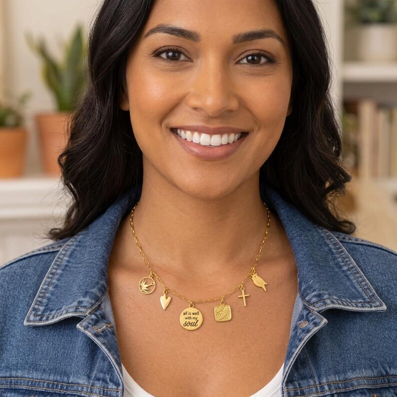 All is Well With my Soul Multi Charm Link Necklace, Gold- 20 inch - - LadybugfeetDesigns -
