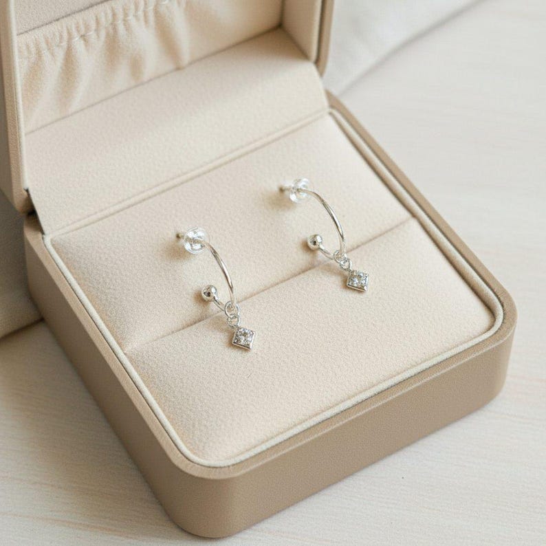 CZ Diamond Mini Hoop Huggie Earrings, Silver- 12mm - - LadybugfeetDesigns -