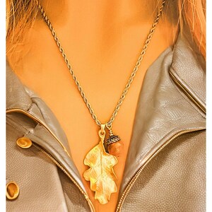 Moonstone Acorn Oak Leaf Necklace, Gold - - LadybugfeetDesigns -