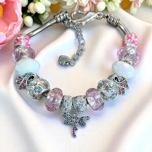 Cancer Awareness European beaded bracelet - Silver - - LadybugfeetDesigns -