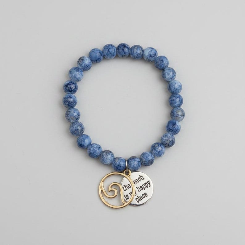 The Beach is my Happy Place Beaded Stretch Bracelet - - LadybugfeetDesigns -