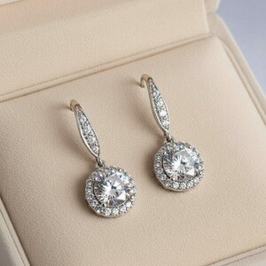 CZ Diamond Halo Earrings-APRIL Birthstone-Wedding Jewelry - - LadybugfeetDesigns -