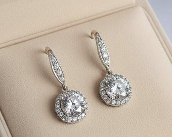CZ Diamond Halo Earrings-APRIL Birthstone-Wedding Jewelry