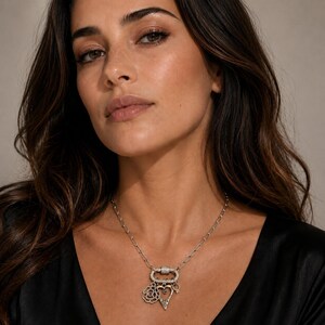 Romantic Rose, Heart, Diamond Ring Carabiner Necklace, Silver - Adjusts up to 20 inches - - LadybugfeetDesigns -