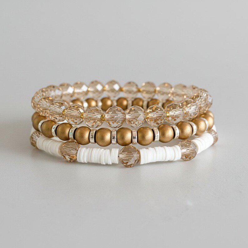 Cream & Crystals Stretch Bracelet Stack - - LadybugfeetDesigns -