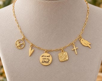 All is Well With my Soul Multi Charm Link Necklace, Gold- 20 inch