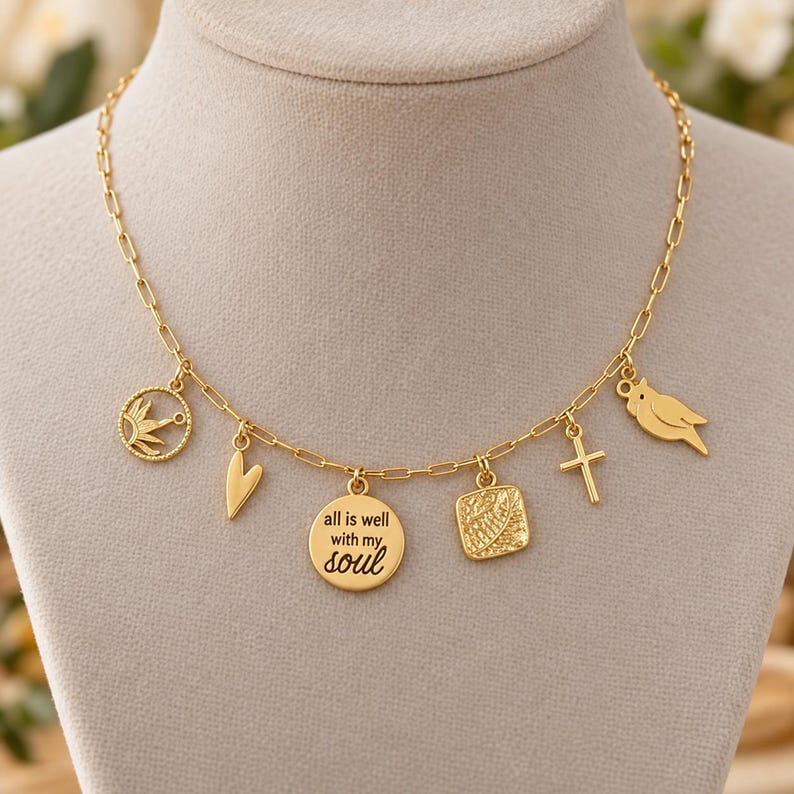 All is Well With my Soul Multi Charm Link Necklace, Gold- 20 inch - - LadybugfeetDesigns -