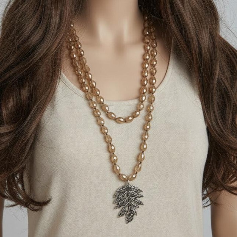 Two-Tone Leaf Champagne Crystal Necklace - 60 inch - - LadybugfeetDesigns -