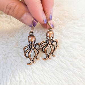 Octopus dangle earrings, Copper/Rose Gold - - LadybugfeetDesigns -