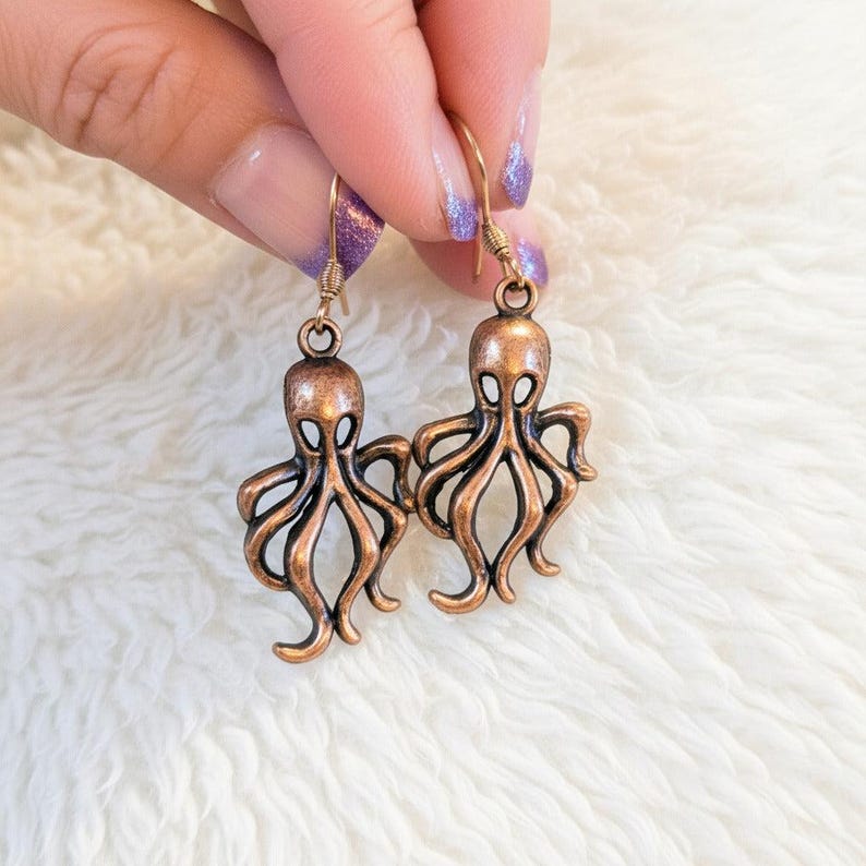 Octopus dangle earrings, Copper/Rose Gold - - LadybugfeetDesigns -