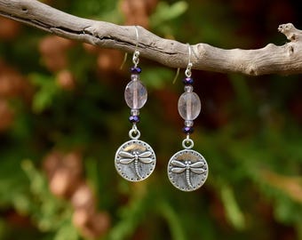 Fluorite Dragonfly Beaded Hook Earrings, Silver