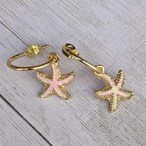 Pink Starfish Gold Hoop earrings, Hoop Drop