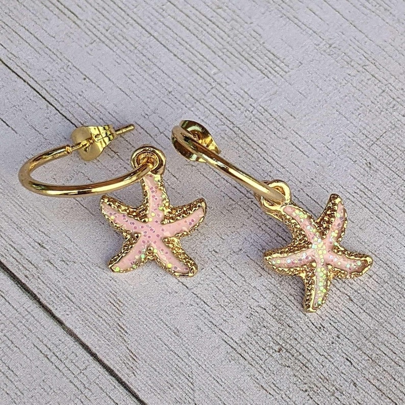 Pink Starfish Gold Hoop earrings, Hoop Drop