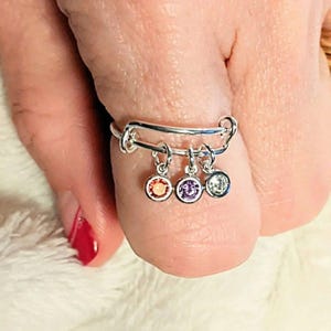 Mother's Birthstone Charm Ring, Adjustable .925 Sterling Silver - - LadybugfeetDesigns -