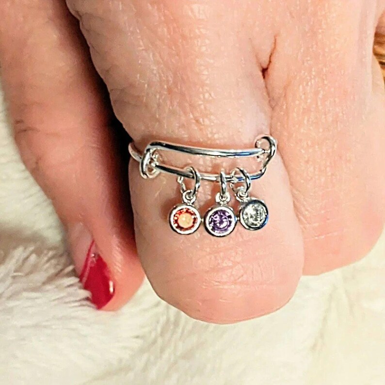 Mother's Birthstone Charm Ring, Adjustable .925 Sterling Silver - - LadybugfeetDesigns -
