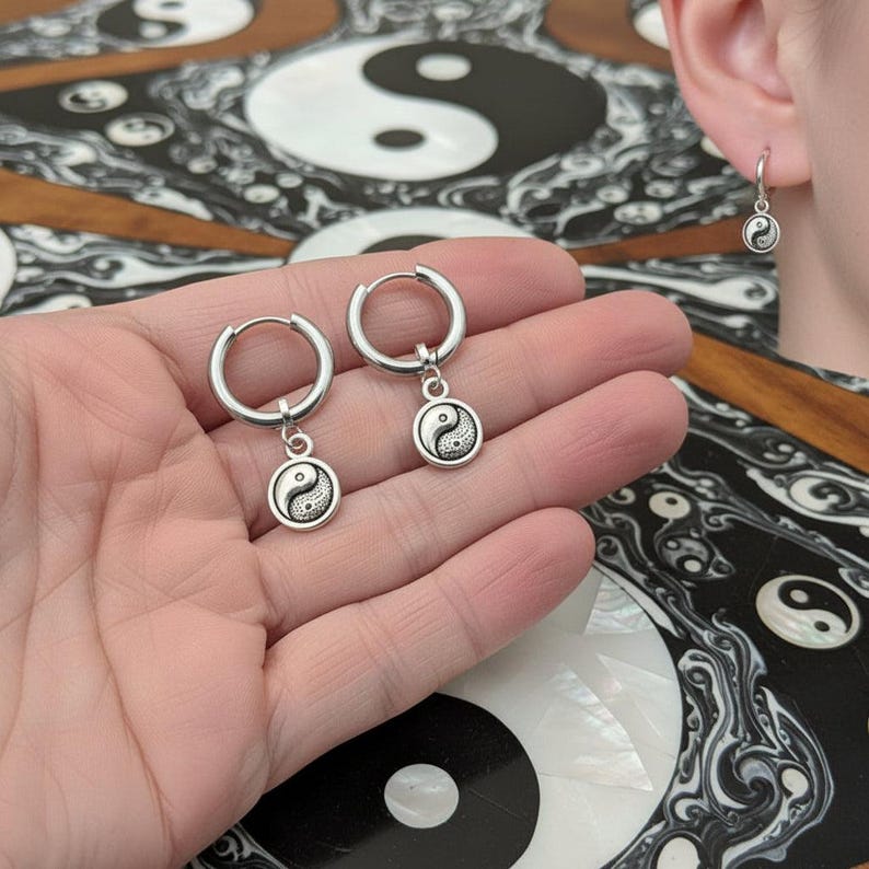 Yin Yang Huggie Hoop earrings, 12mm Hoop Drop - - LadybugfeetDesigns -